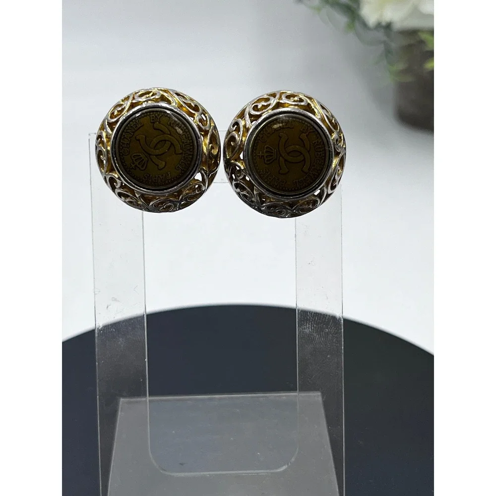 Chanel by Rubecanel of Paris Logo Clip On Goldtone Murano Glass Earrings